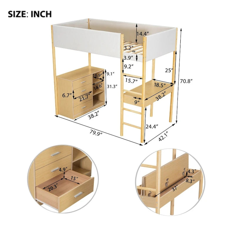 Merax Teddy Fleece Loft Bed with Drawers and Desk