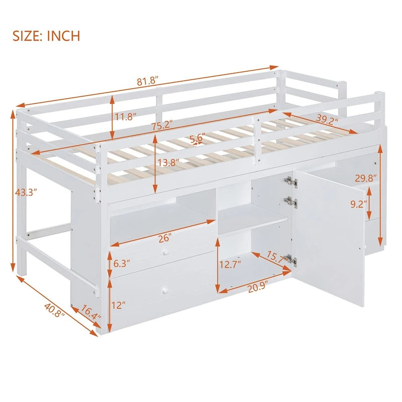 Nestfair Twin Size Loft Bed with 4 Drawers, Underneath Cabinet and Shelves