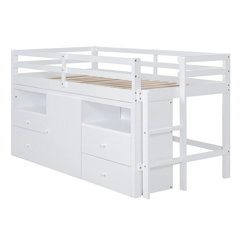 Nestfair Twin Size Loft Bed with 4 Drawers, Underneath Cabinet and Shelves