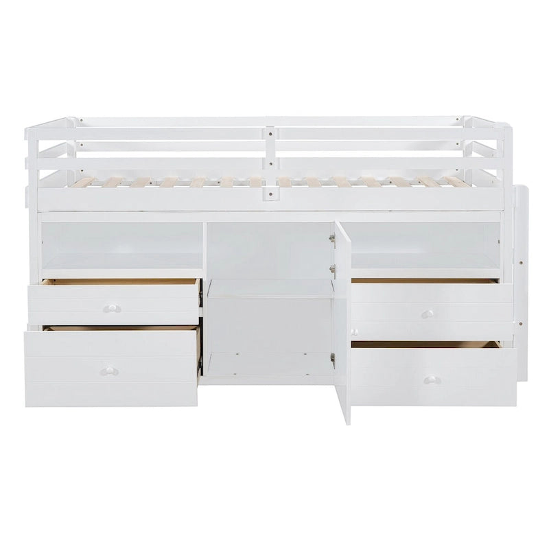 Nestfair Twin Size Loft Bed with 4 Drawers, Underneath Cabinet and Shelves