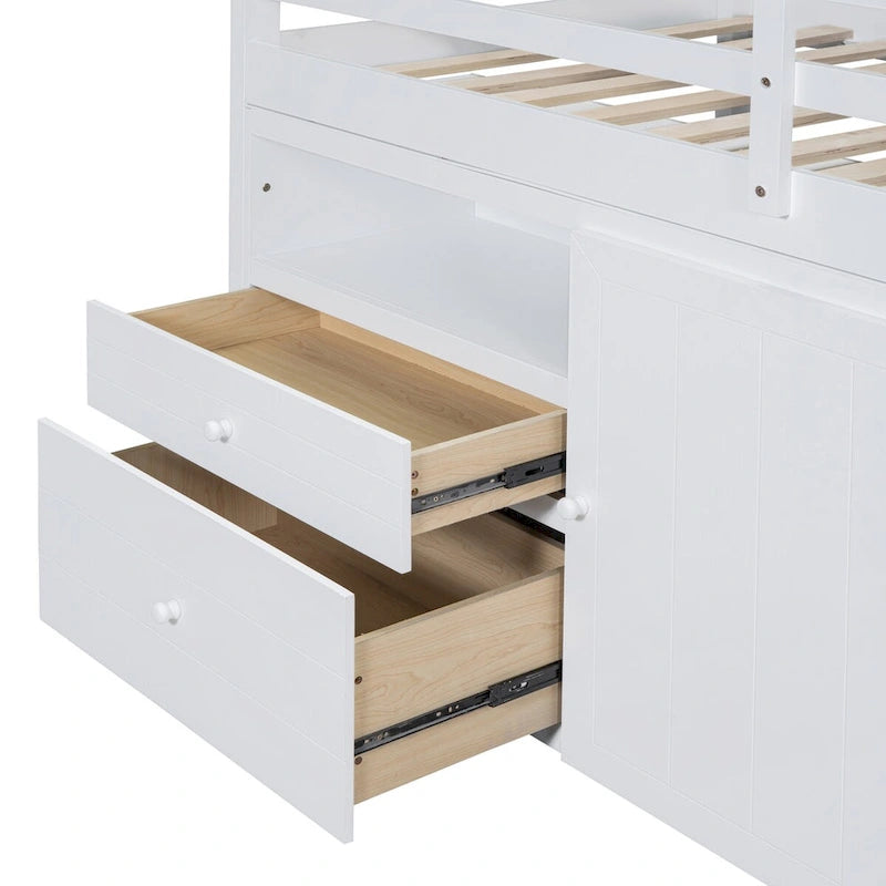 Nestfair Twin Size Loft Bed with 4 Drawers, Underneath Cabinet and Shelves