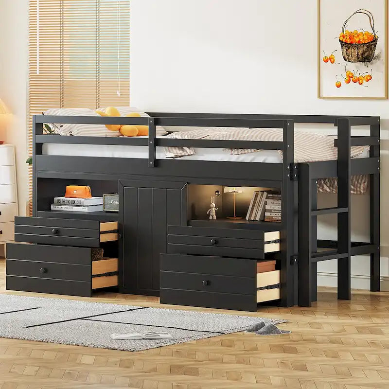 Nestfair Twin Size Loft Bed with 4 Drawers, Underneath Cabinet and Shelves