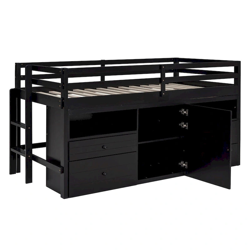 Nestfair Twin Size Loft Bed with 4 Drawers, Underneath Cabinet and Shelves
