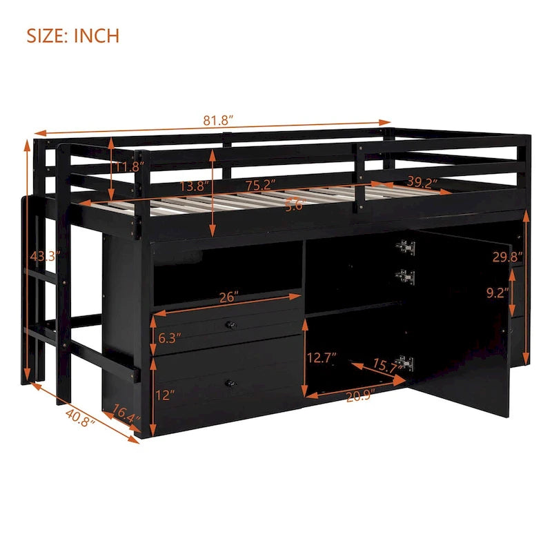Nestfair Twin Size Loft Bed with 4 Drawers, Underneath Cabinet and Shelves