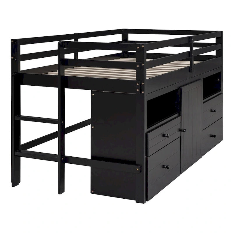 Nestfair Twin Size Loft Bed with 4 Drawers, Underneath Cabinet and Shelves