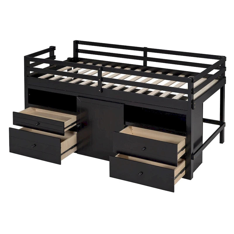 Nestfair Twin Size Loft Bed with 4 Drawers, Underneath Cabinet and Shelves