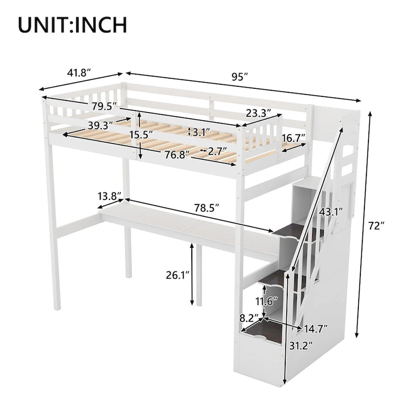 Loft Bed with Storage Staircase and Built-In Desk