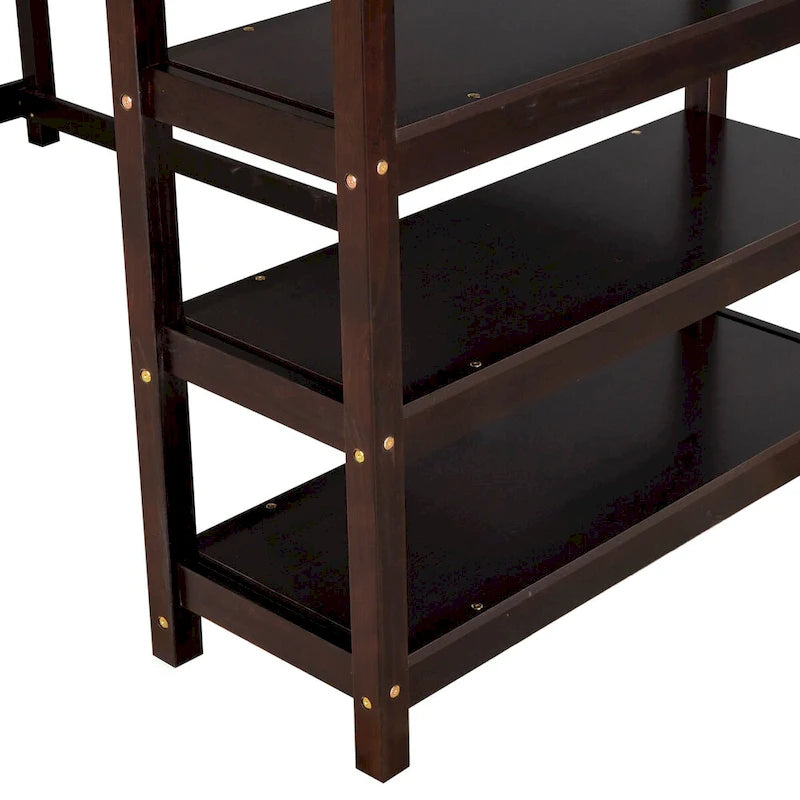 Espresso Twin Size Solid Wood Loft Bed with Integrated Desk, Storage Shelves, and Stable Guardrails
