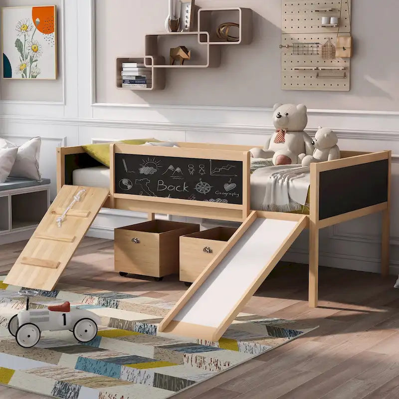 Loft Bed Wood Bed with 2 Storage Boxes