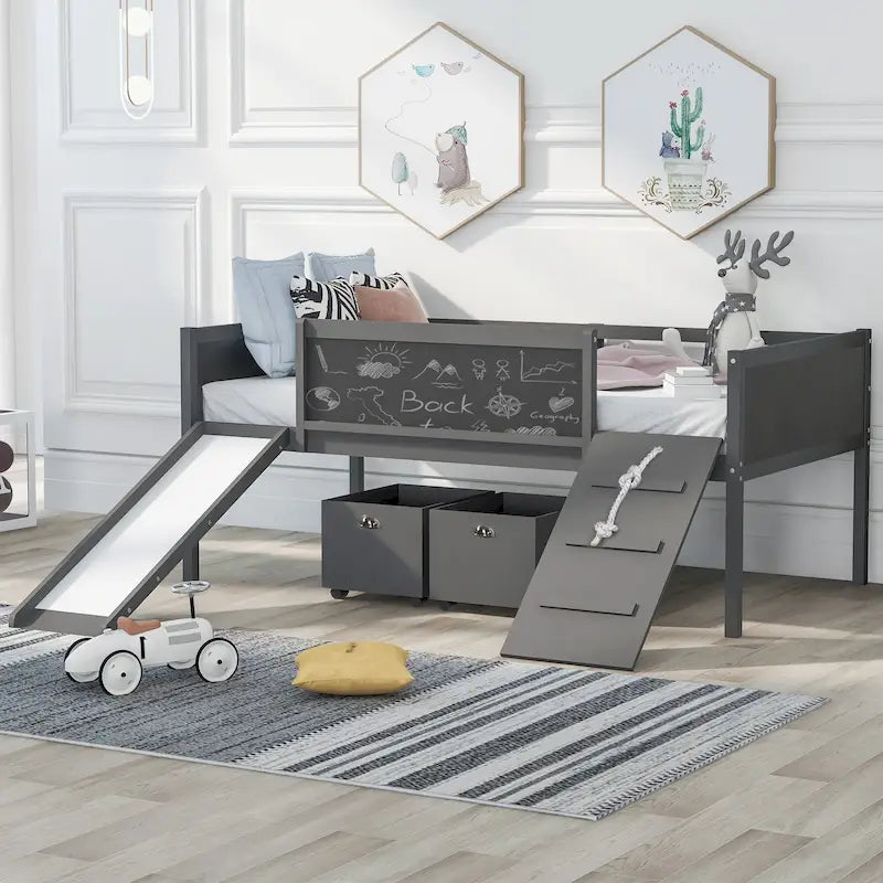 Loft Bed Wood Bed with 2 Storage Boxes