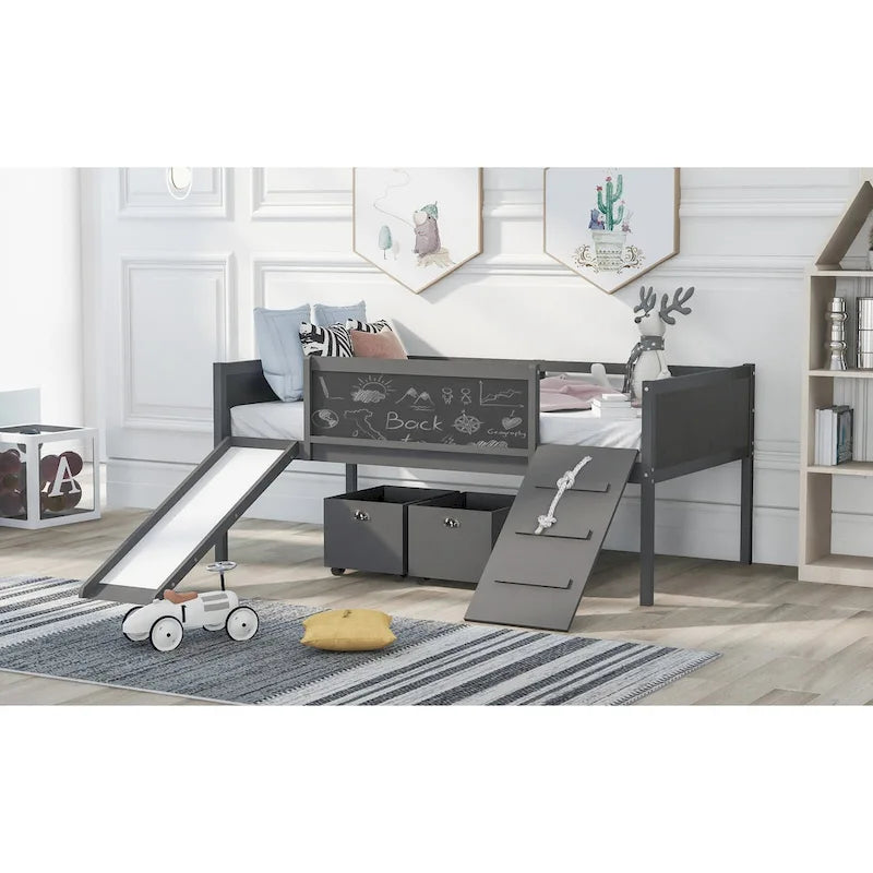 Loft Bed Wood Bed with 2 Storage Boxes