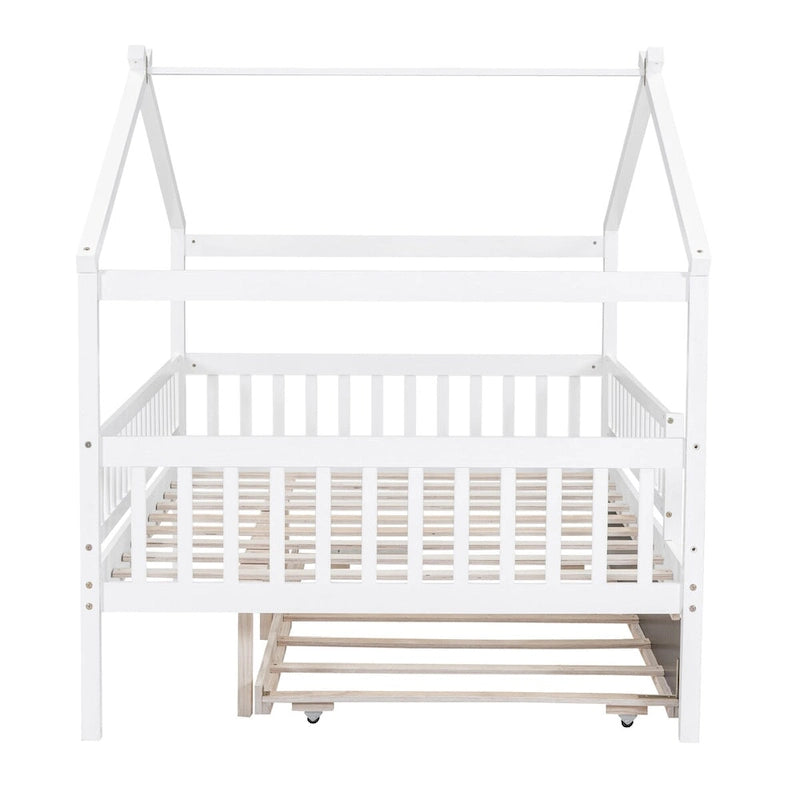 Full Pine House Bed with Twin Trundle, Guardrail