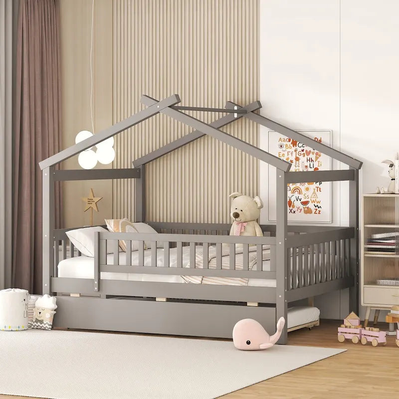 Full Pine House Bed with Twin Trundle, Guardrail