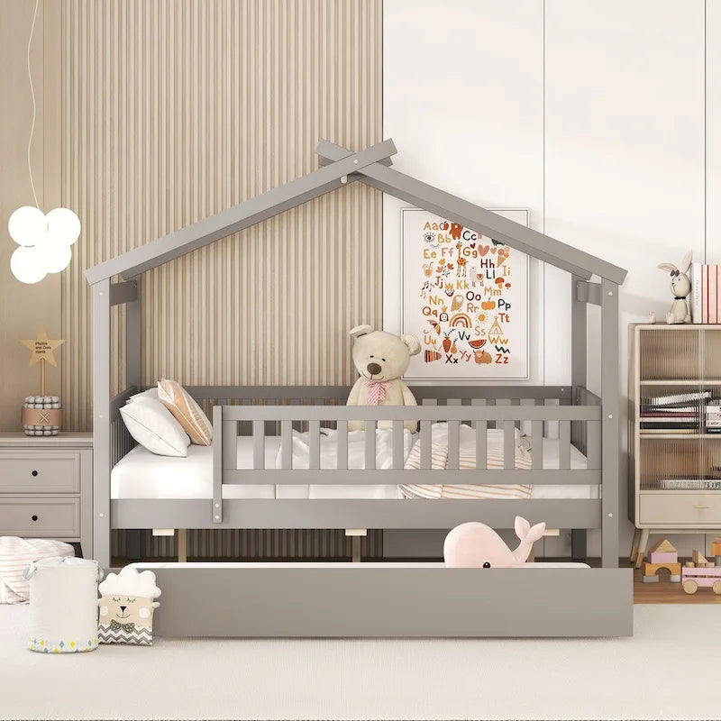Full Pine House Bed with Twin Trundle, Guardrail