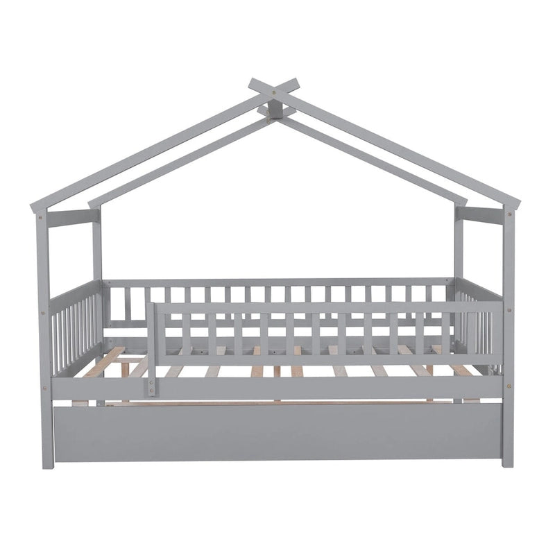 Full Pine House Bed with Twin Trundle, Guardrail