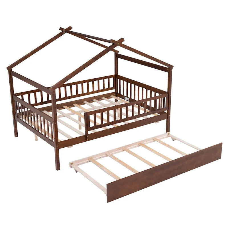 Full Pine House Bed with Twin Trundle, Guardrail