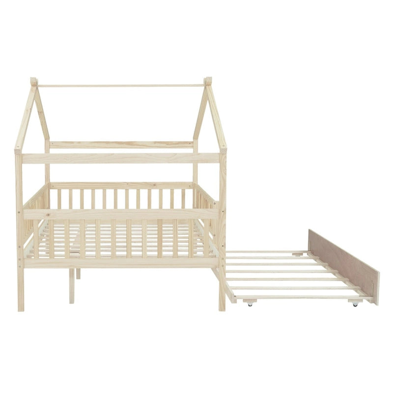 Full Pine House Bed with Twin Trundle, Guardrail
