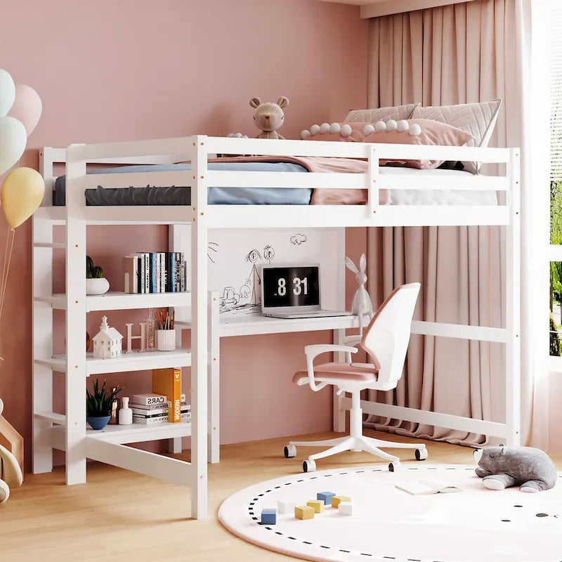 Wooden Loft Bed with Shelves, Desk and Writing Board