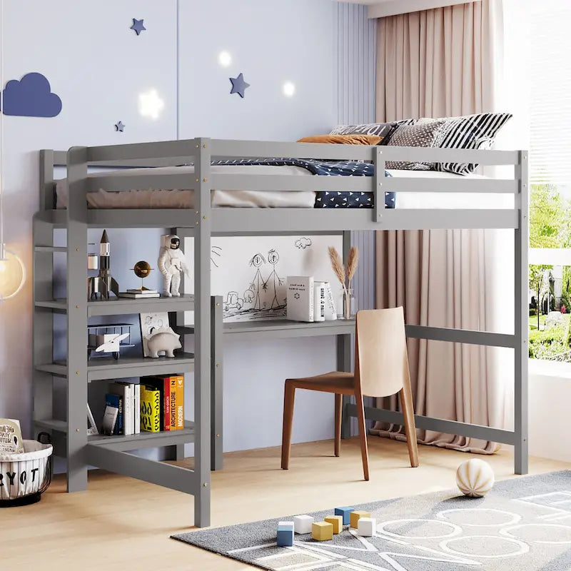 Wooden Loft Bed with Shelves, Desk and Writing Board