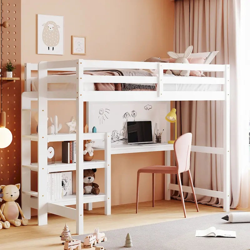 Wooden Loft Bed with Shelves, Desk and Writing Board