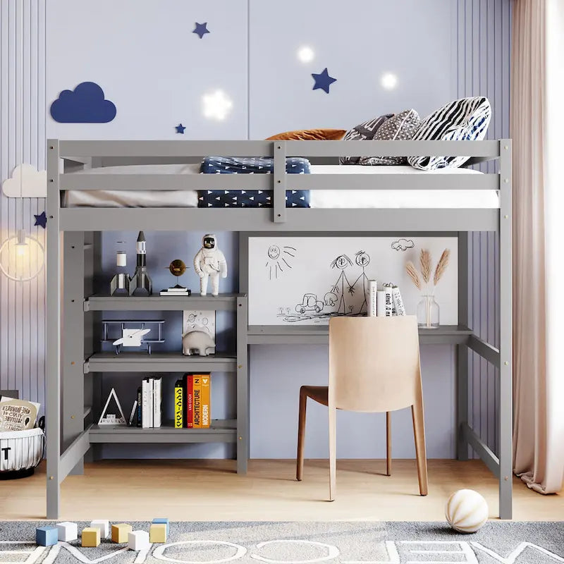 Wooden Loft Bed with Shelves, Desk and Writing Board