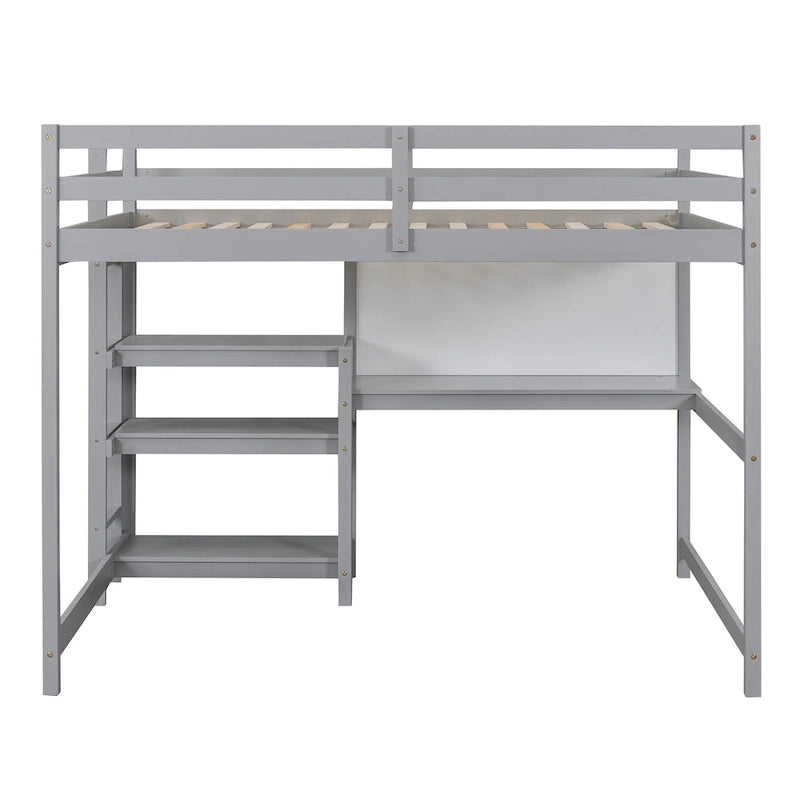Wooden Loft Bed with Shelves, Desk and Writing Board