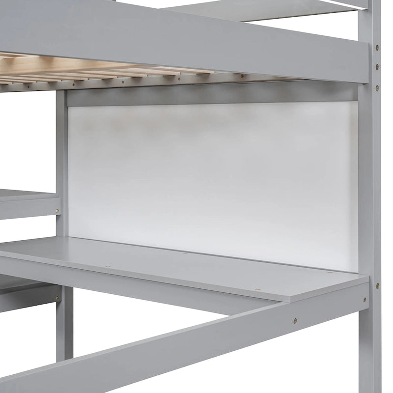 Wooden Loft Bed with Shelves, Desk and Writing Board