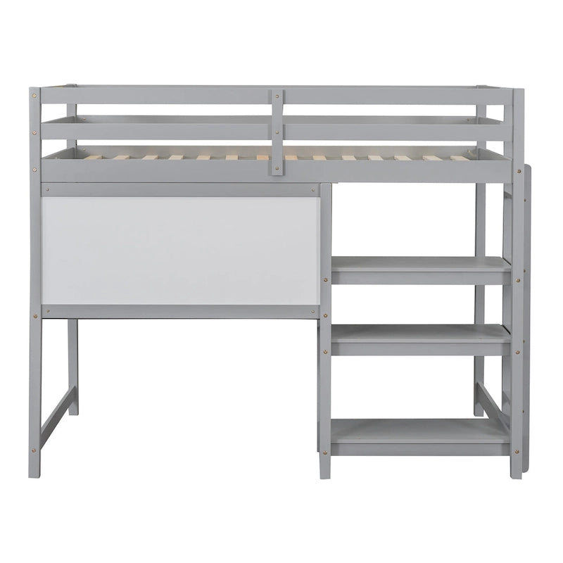 Wooden Loft Bed with Shelves, Desk and Writing Board