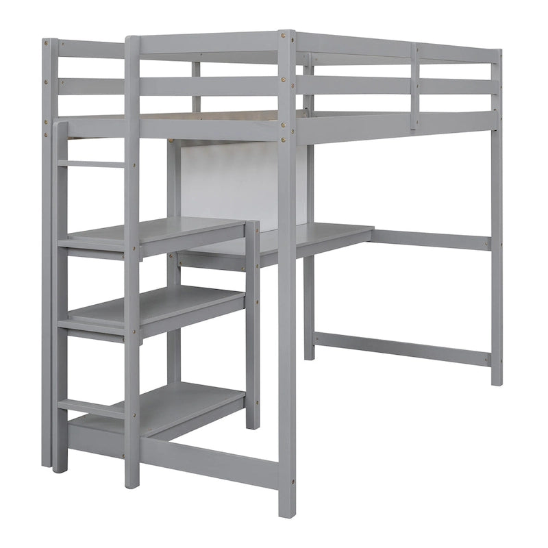 Wooden Loft Bed with Shelves, Desk and Writing Board
