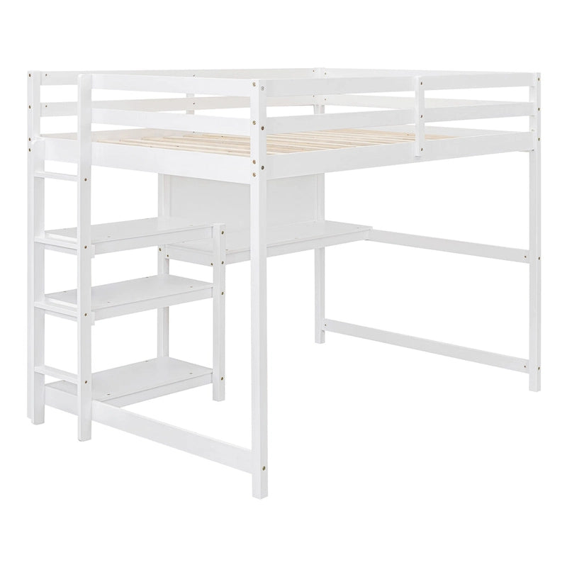 Wooden Loft Bed with Shelves, Desk and Writing Board