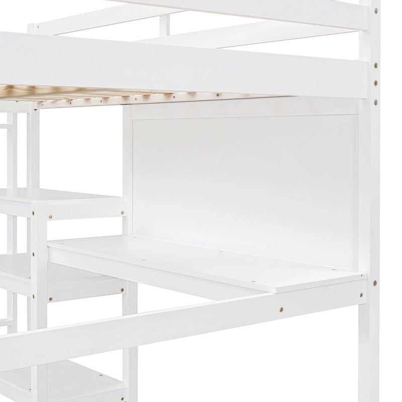 Wooden Loft Bed with Shelves, Desk and Writing Board