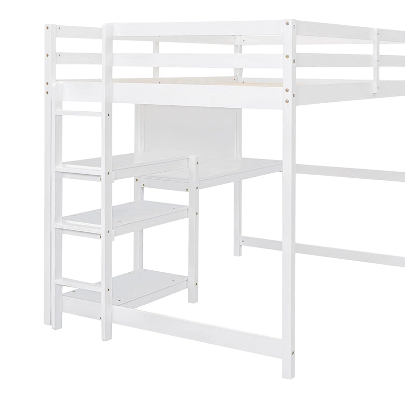 Wooden Loft Bed with Shelves, Desk and Writing Board