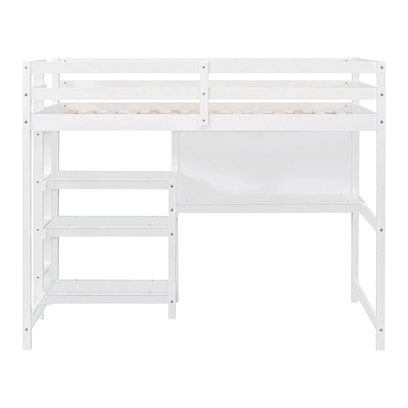 Wooden Loft Bed with Shelves, Desk and Writing Board