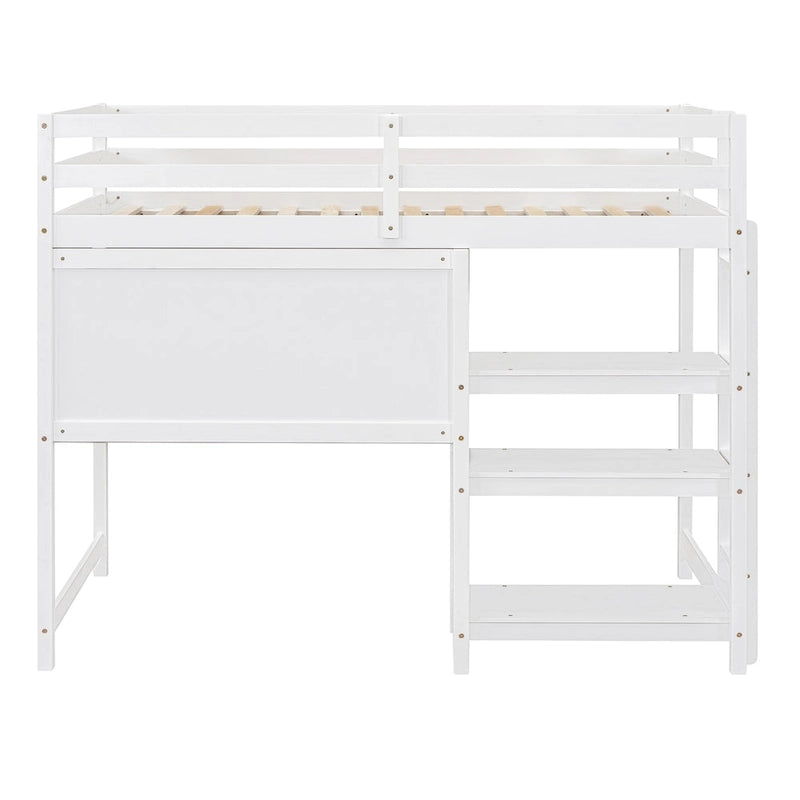 Wooden Loft Bed with Shelves, Desk and Writing Board