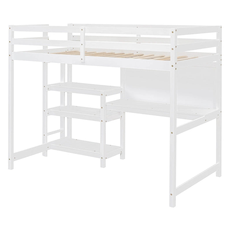 Wooden Loft Bed with Shelves, Desk and Writing Board