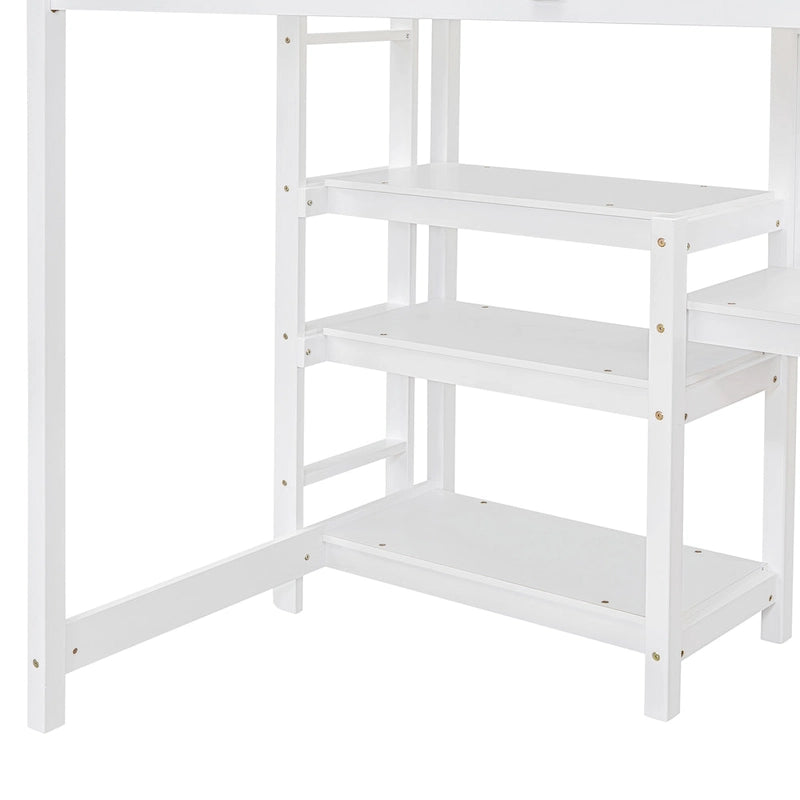Wooden Loft Bed with Shelves, Desk and Writing Board
