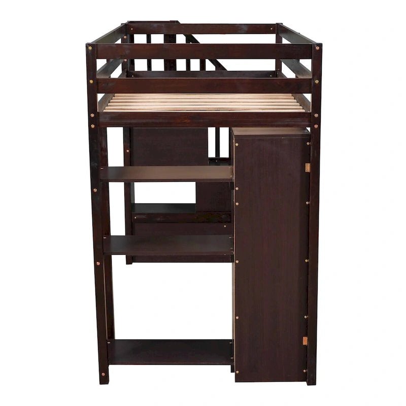 Twin Size Wooden Loft Bed with Storage Drawers and Stairs with Shelves