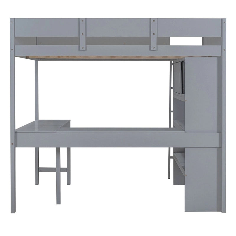 Full Size Wood Loft Bed with Desk and Shelf,Guardrail
