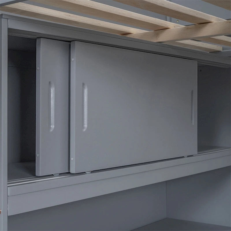 Full Size Wood Loft Bed with Desk and Shelf,Guardrail