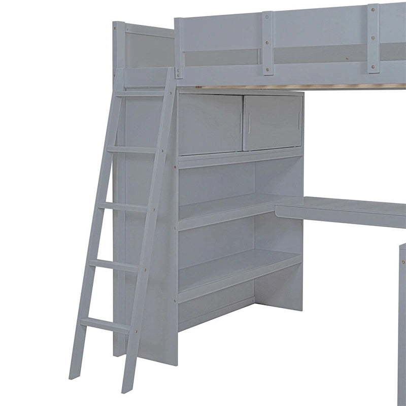 Full Size Wood Loft Bed with Desk and Shelf,Guardrail