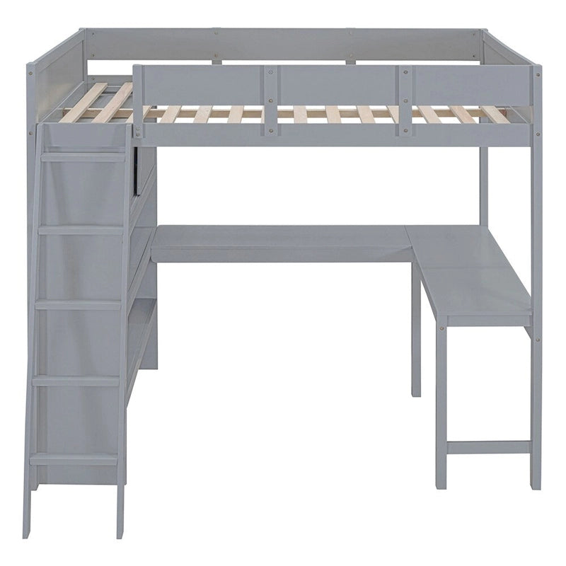 Full Size Wood Loft Bed with Desk and Shelf,Guardrail