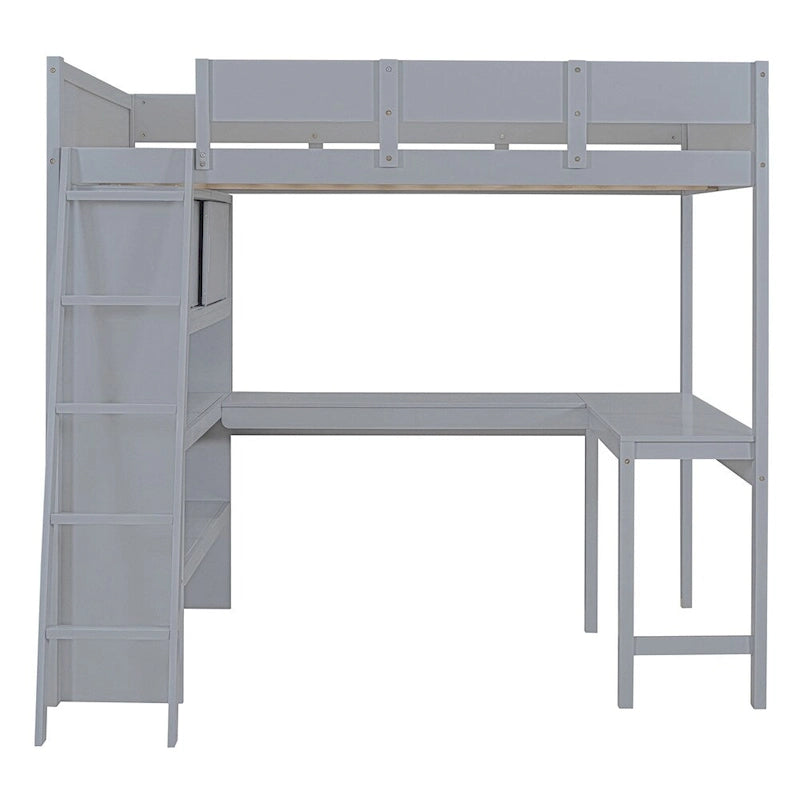 Full Size Wood Loft Bed with Desk and Shelf,Guardrail
