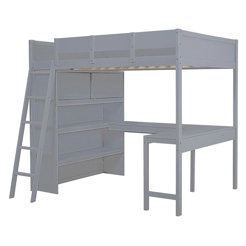 Full Size Wood Loft Bed with Desk and Shelf,Guardrail