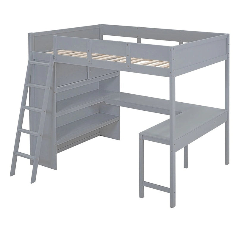 Full Size Wood Loft Bed with Desk and Shelf,Guardrail