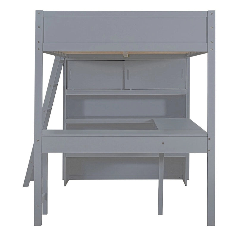 Full Size Wood Loft Bed with Desk and Shelf,Guardrail