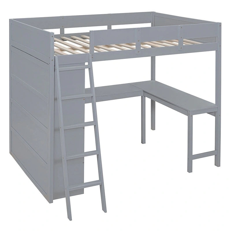 Full Size Wood Loft Bed with Desk and Shelf,Guardrail