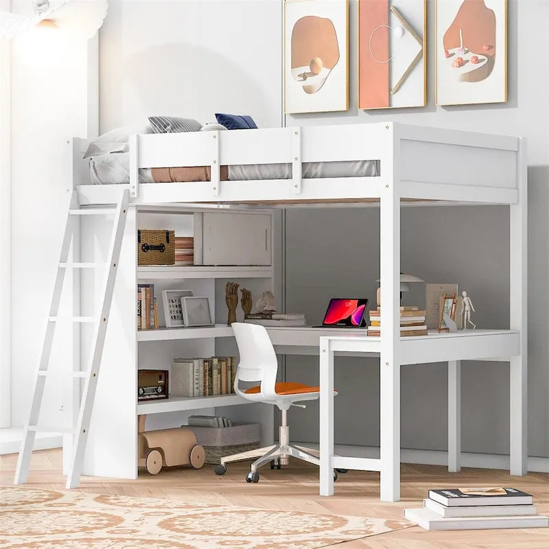 Full Size Wood Loft Bed with Desk and Shelf,Guardrail