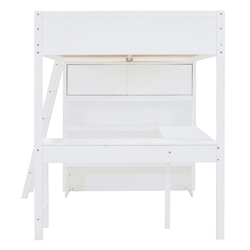 Full Size Wood Loft Bed with Desk and Shelf,Guardrail