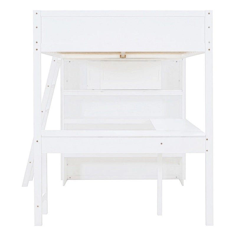 Full Size Wood Loft Bed with Desk and Shelf,Guardrail