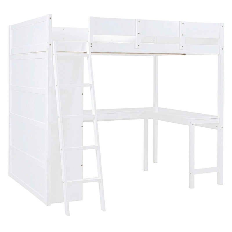Full Size Wood Loft Bed with Desk and Shelf,Guardrail